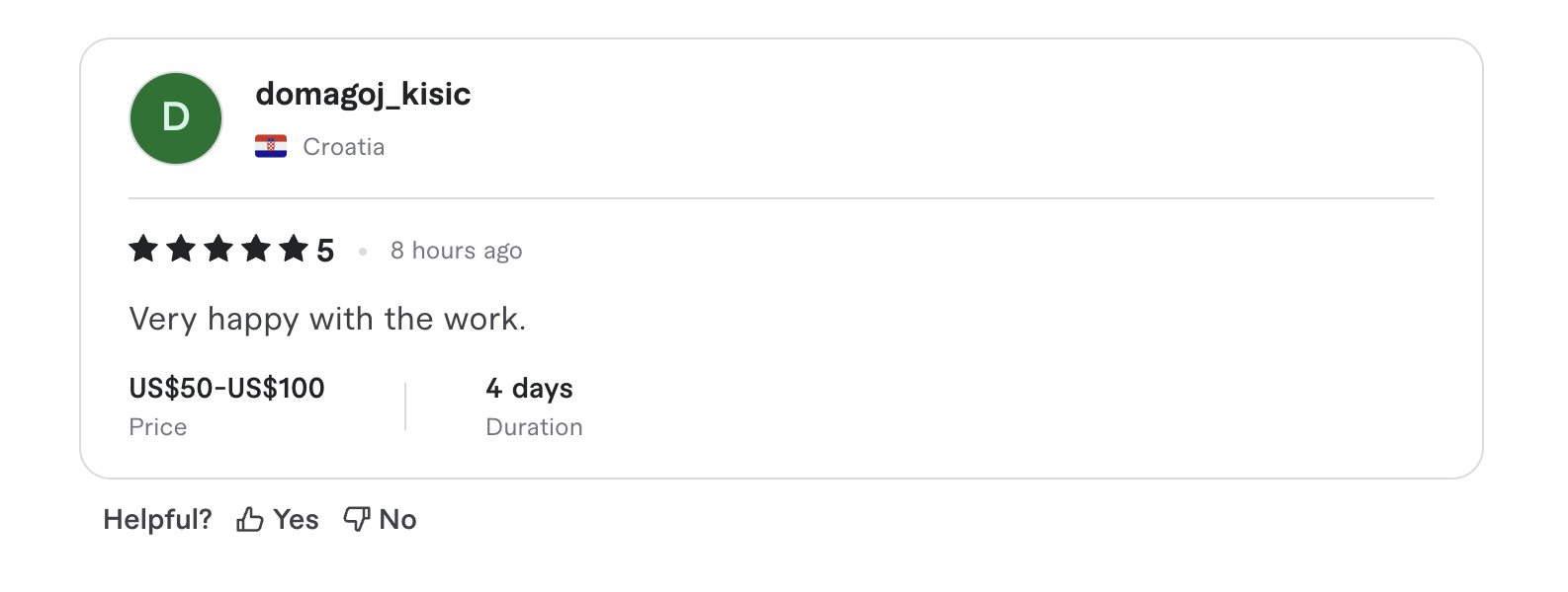 Fiverr review from domagoj_kisic, 5 stars: very happy with the work