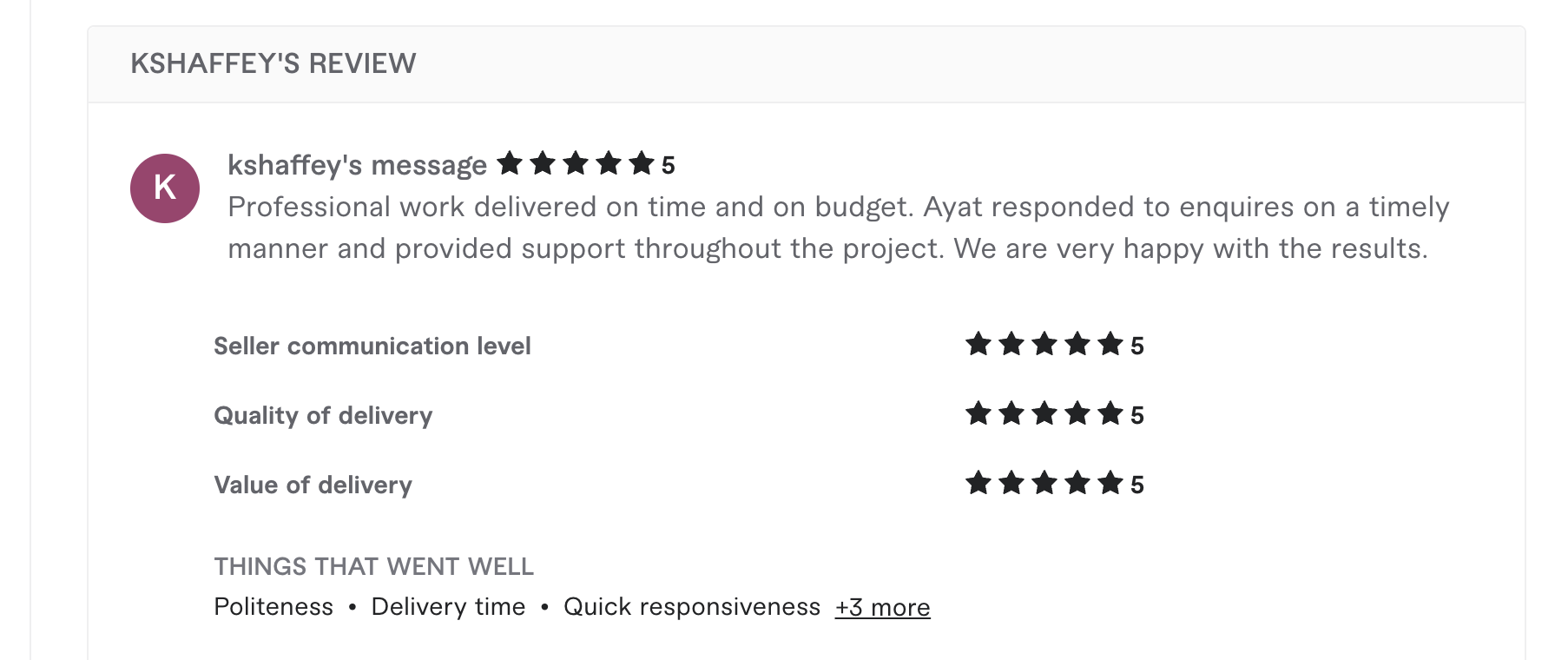 Fiverr review from kshaffey, 5 stars: professional work delivered on time and on budget