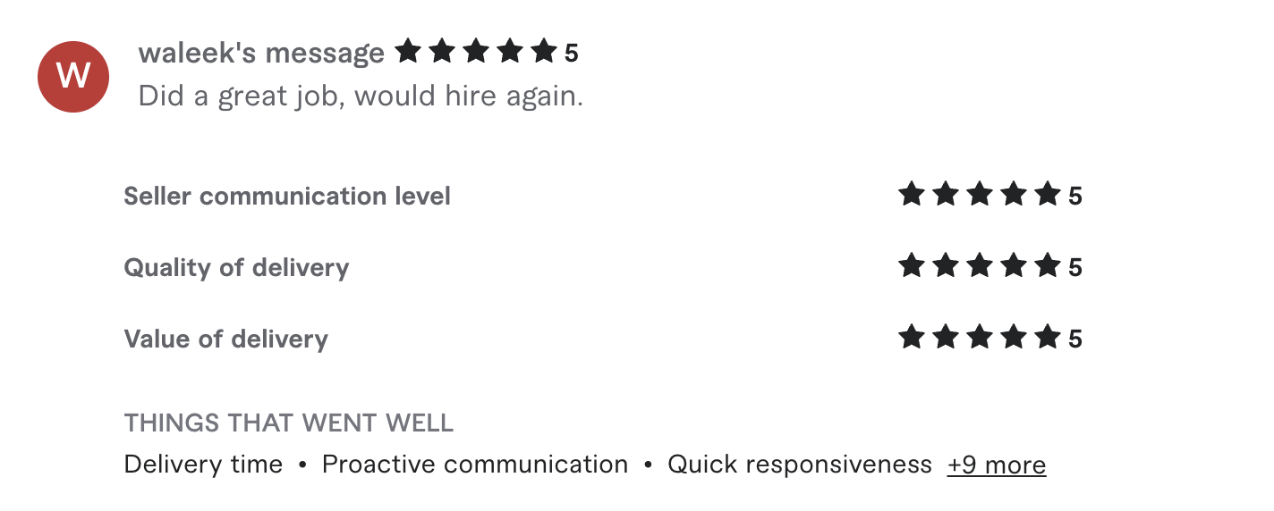 Fiverr review from waleek, 5 stars: did a great job, would hire again