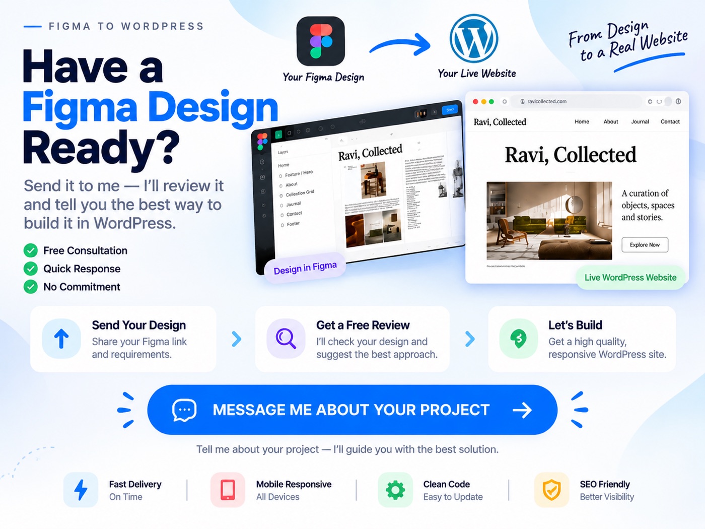 From your design to a real, live website: send your design, get a free review, and we build it